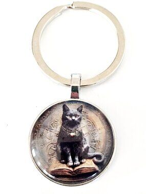 Black Cat Magic Keychain Witchy Gothic Occult Spell Book Silver Tone Gift Detach